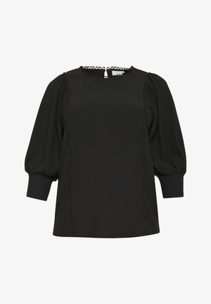 Black blouse with a textured finish, round neckline, and puffed sleeves. Features decorative stitching along the front and back.