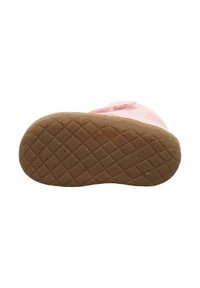Rosa Kleinkinderschuh mit einer strukturierten Gummisohle, verstellbarem Klettverschluss und weichem Obermaterial, das ein dezentes Muster aufweist.