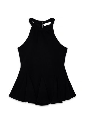 Musta hihaton toppi korkealla kaula-aukolla ja laskostetulla alaosalla. Teksturoitu kangas, jossa napp closure takana. Elegantti, kapea malli.
