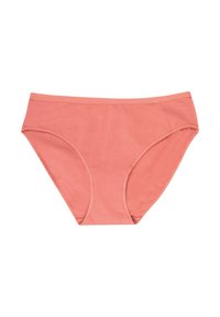 Sous-vêtements féminins de style hipster de couleur corail, sans couture, avec des coutures minimales et une finition en tissu lisse.