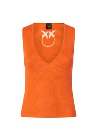 Top a fascia arancione con righe e scollatura a V profonda, caratterizzato da un design di faccina sorridente bianca come dettaglio notevole. Realizzato in materiale morbido e testurizzato.