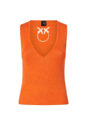 Top a fascia arancione con righe e scollatura a V profonda, caratterizzato da un design di faccina sorridente bianca come dettaglio notevole. Realizzato in materiale morbido e testurizzato.