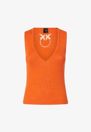 Top a fascia arancione con righe e scollatura a V profonda, caratterizzato da un design di faccina sorridente bianca come dettaglio notevole. Realizzato in materiale morbido e testurizzato.