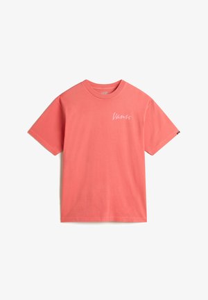 Korallenfarbene Baumwoll-T-Shirt mit kurzen Ärmeln, Rundhalsausschnitt und weißem "Vans"-Logo auf der linken Brustseite. Weicher Stoff und normale Passform.
