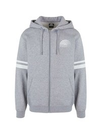 Grå zip-up hoodie lavet af blødt stof, med et logo foran, to forlommer, snore og hvide striber på ærmerne.