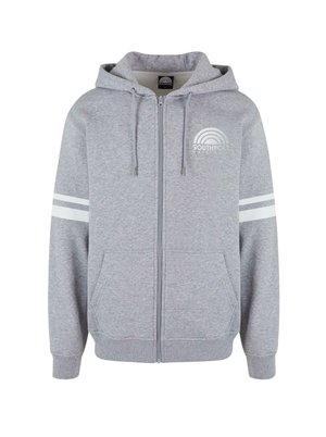 Pelēks zip-up džemperis, izgatavots no mīksta auduma, ar priekšējo logotipu, divām priekšējām kabatām, auklām un baltām svītrām uz piedurknēm.