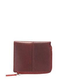 Burgundy leather wallet, rectangular shape, featuring a zip closure, two card slots, and a smooth texture. No visible hardware.