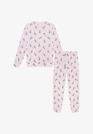 Light pink long-sleeve top and pants set with black and white Dalmatian dog print scattered throughout.