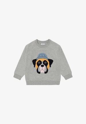 Felpa grigia a maniche lunghe con scollo rotondo, con una grafica colorata di un volto di cane che indossa un casco blu sul davanti.