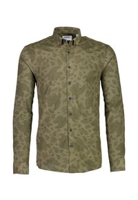 Langsleeve button-down shirt in olijfgroen met gegraveerde paisley- en bloemmotieven; heeft een klassieke kraag en donkere knopen.