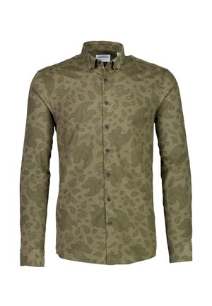 Långärmad skjorta med knappar i olivgrönt med präglade paisley- och blommönster; har en klassisk krage och mörka knappar.