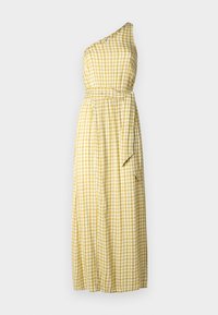 Geel geruite één-schouder maxi-jurk met een getailleerd lijfje, een tailleband en een vloeiende rok, vervaardigd uit een gestructureerde katoenstof.