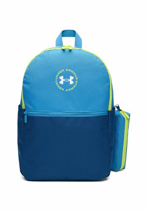 Blauwe en donkerblauwe Under Armour rugzak met voorvak, neon groene ritssluitingen en een klein aangehecht ritstasje aan de zijkant.