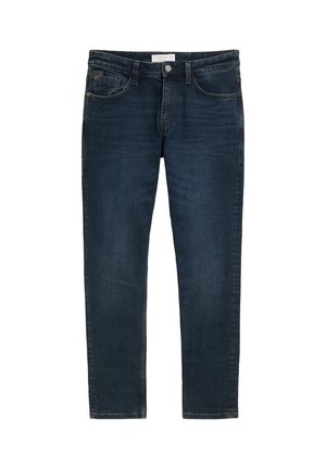 Jean en denim bleu foncé avec une coupe droite, cinq poches, fermeture à bouton et décoloration subtile. Présente un détail de couture classique.