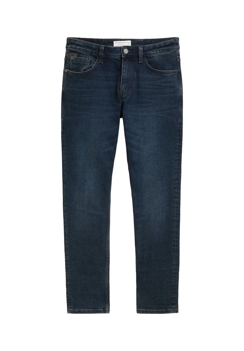Jeans in denim blu scuro con design a gamba dritta, cinque tasche, chiusura con bottone e un leggero effetto sbiadito. Presentano un classico dettaglio di cucitura.