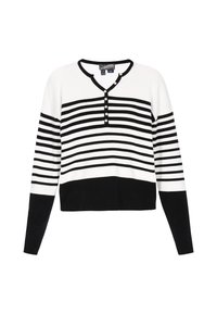 Pull rayé avec des rayures horizontales noires et blanches, texture côtelée, encolure en V et boutons décoratifs sur la patte de boutonnage. Longueur courte.
