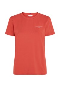 Rød bomulds T-shirt med korte ærmer, rund hals og logo tekst på brystet. Har et minimalistisk design og en glat tekstur.