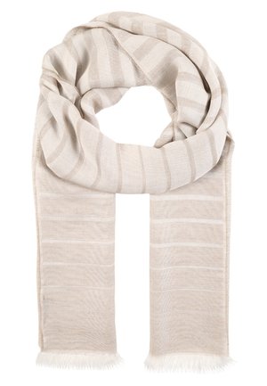 Écharpe beige clair avec de fines rayures horizontales, texture douce et bords frangés, disposée en boucle lâche avec les extrémités pendantes.