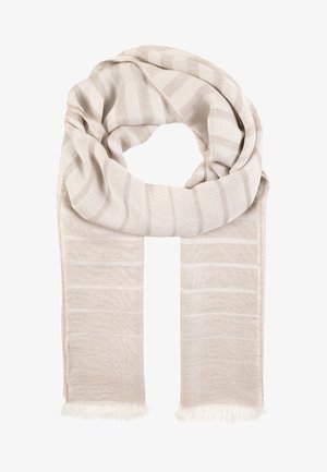 Écharpe beige clair avec de fines rayures horizontales, texture douce et bords frangés, disposée en boucle lâche avec les extrémités pendantes.