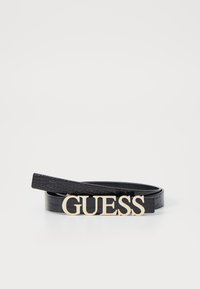 Czarny pasek z sztucznej skóry o fakturze krokodyla, z złotym logo "GUESS" na środku. Smukły design z gładkim wykończeniem.