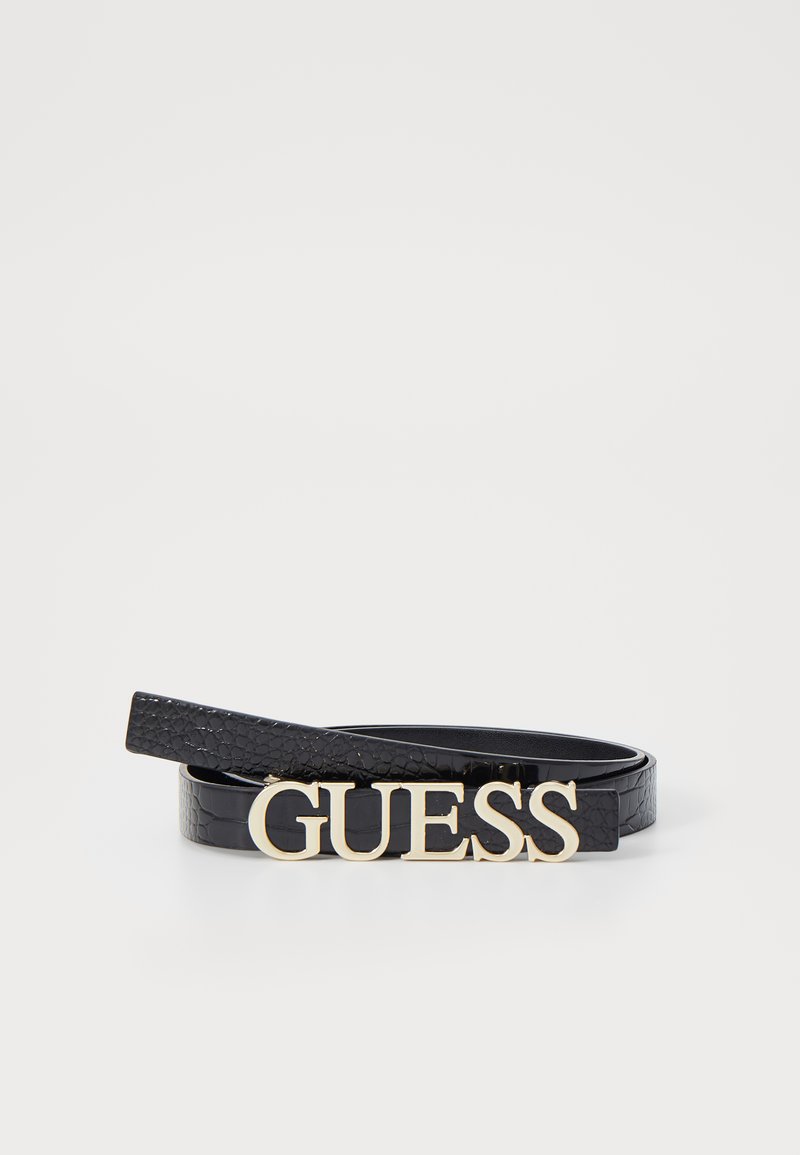 Czarny pasek z sztucznej skóry o fakturze krokodyla, z złotym logo "GUESS" na środku. Smukły design z gładkim wykończeniem.