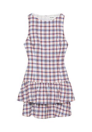 Robe sans manches avec motif à carreaux bleu, rouge et blanc, corsage cintré et ourlet de jupe à double volant.