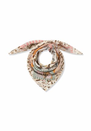 Foulard carré avec des motifs abstraits en beige, marron, orange, rose et vert, plié et noué en boucle avec des extrémités pointues.