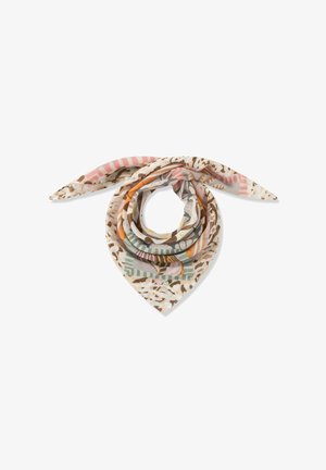Foulard carré avec des motifs abstraits en beige, marron, orange, rose et vert, plié et noué en boucle avec des extrémités pointues.