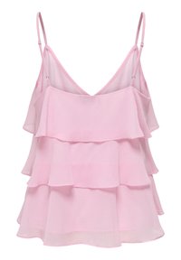 Top sans manches rose clair à volants superposés avec bretelles spaghetti réglables, confectionné en tissu léger et transparent.