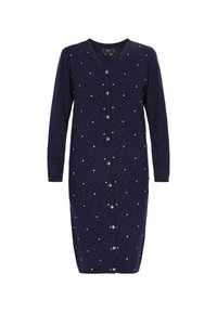 Rochie cardigan bleumarin cu mâneci lungi, decolteu în V, închidere cu nasturi și accente de puncte albe dispersate. Fabricată dintr-un material moale și texturat.