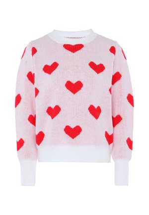 Helles rosa gestricktes Sweatshirt mit roten Herzmustern überall. Es hat einen runden weißen Ausschnitt sowie gerippte weiße Bündchen und einen Saum.