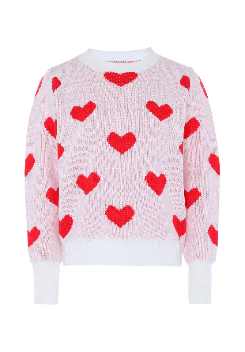 Helles rosa gestricktes Sweatshirt mit roten Herzmustern überall. Es hat einen runden weißen Ausschnitt sowie gerippte weiße Bündchen und einen Saum.