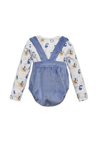 Jumpsuit de bebé de manga larga con una parte superior gris y estampada que presenta pingüinos. Pantalones de tirantes de pana azul con tirantes ajustables. Tejido suave y texturizado.