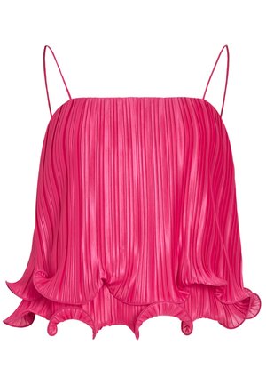 Cămășuță plisată de un roz strălucitor, cu bretele subțiri tip spaghetti și margine plisată care se deschide în afară într-un model ondulat.