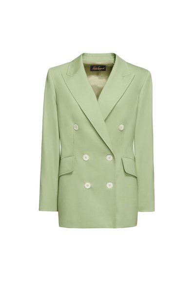Dvojvratni blejzer iz svetlo zelene tkanine s ošiljkom reverom, dvema sprednjima žepoma in belimi gumbi za zapiranje.