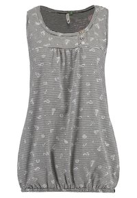 Ärmlös svartvitt randig topp med små vita paraply- och hjultryck, rund halsringning, två knappar och elastisk nederkant.