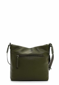 Olive green leather crossbody bag with textured surface, adjustable strap, and a front zippered pocket. Simple, minimalist design.