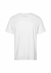 Preprost bel kratkoročni rokav s klasičnim okroglim izrezom in standardnim prileganjem, prikazan od zadaj.