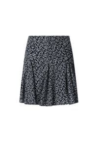 Gonna floreale navy, lunghezza al ginocchio, realizzata in tessuto leggero. Presenta motivi floreali bianchi, design plissettato e vita aderente.