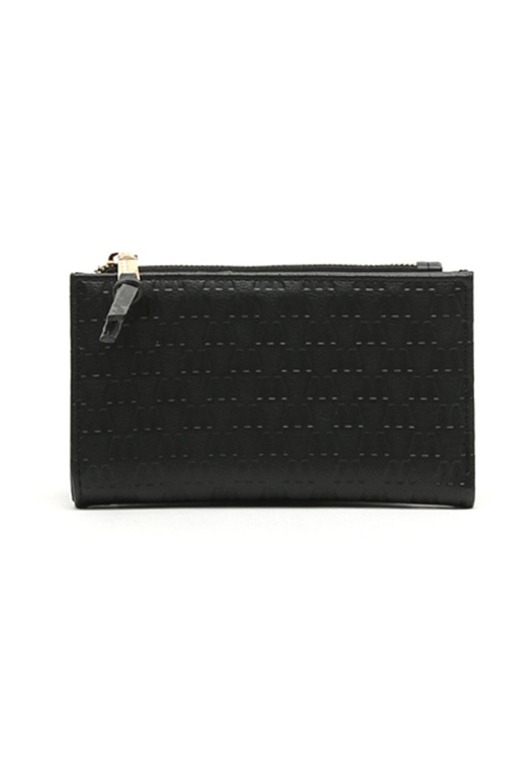 Black wallet made of textured leather with a subtle embossed pattern, featuring a zip closure and gold-tone hardware on the zipper.