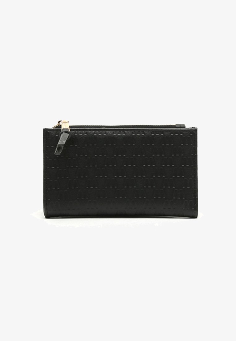 Black wallet made of textured leather with a subtle embossed pattern, featuring a zip closure and gold-tone hardware on the zipper.