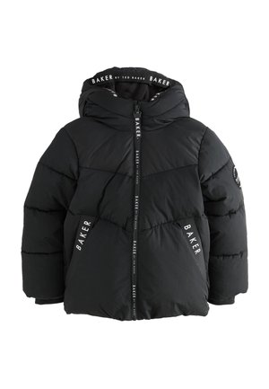 Veste d'hiver noire matelassée avec capuche, fermeture éclair sur le devant, poches latérales et marquage "Baker" sur la fermeture éclair, les poches et la doublure de la capuche.