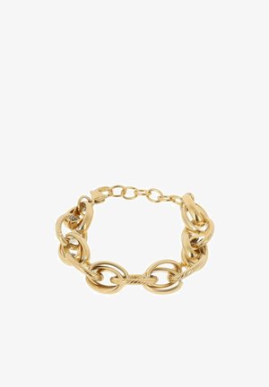 Pulsera de cadena en tono dorado con eslabones ovalados y redondos entrelazados, con un diseño texturizado de cuerda en algunos eslabones y un cierre seguro.