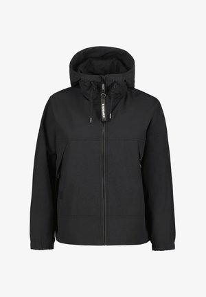 Chaqueta negra con cremallera y capucha, que presenta puños elásticos, bolsillos laterales y una textura suave y mate. Diseño minimalista sin patrones.