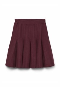 Falda plisada burdeos con una amplia cintura elástica, confeccionada en una tela suave, con costuras verticales y una silueta acampanada.