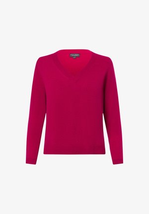 Fuchsia v-neck sweater made from soft fabric, featuring long sleeves and ribbed cuffs and hem, with a smooth texture and minimal design.