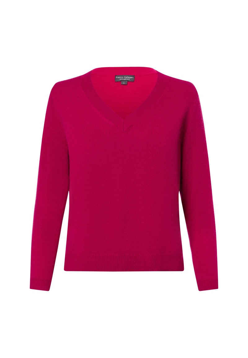 Fuchsia V-Ausschnittpullover aus weichem Material, mit langen Ärmeln und gerippten Bündchen und Saum, mit glatter Textur und minimalistischem Design.