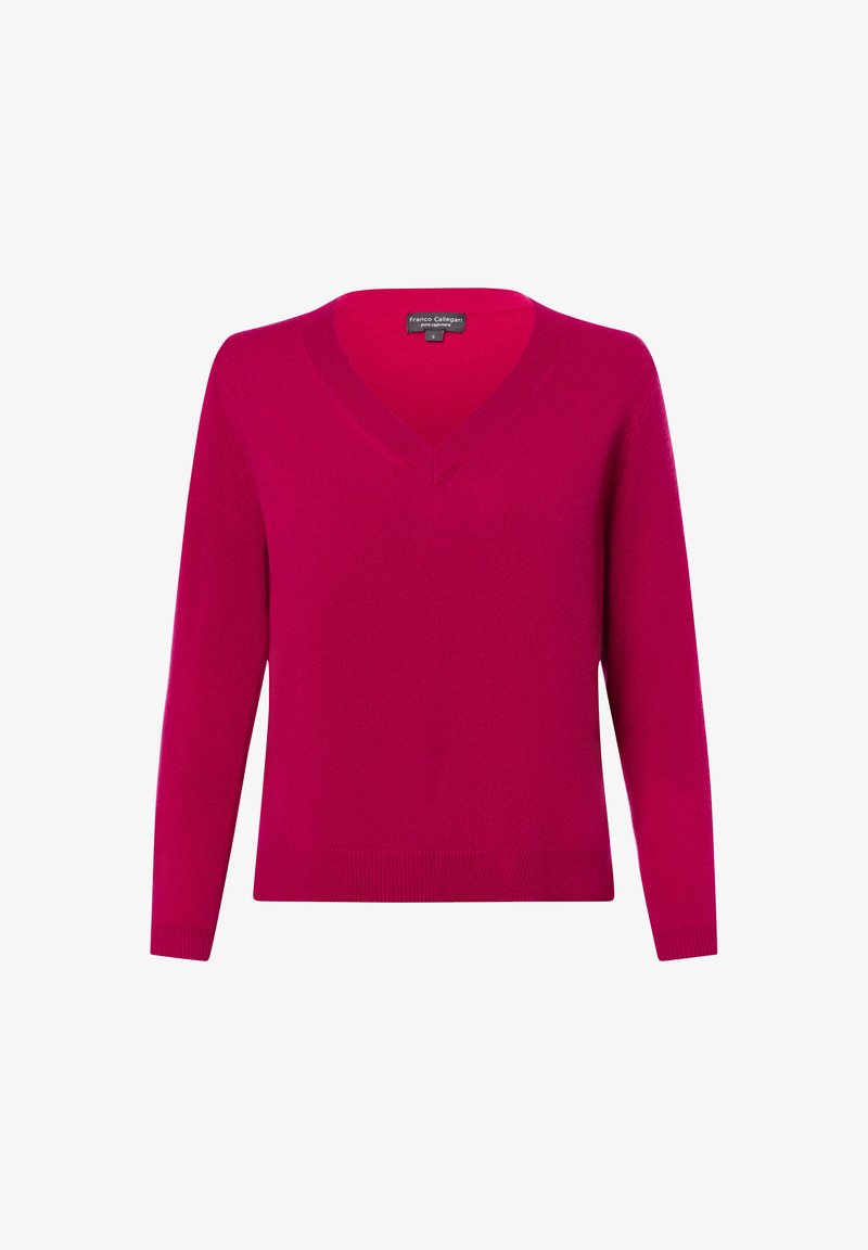 Fuchsia V-Ausschnittpullover aus weichem Material, mit langen Ärmeln und gerippten Bündchen und Saum, mit glatter Textur und minimalistischem Design.