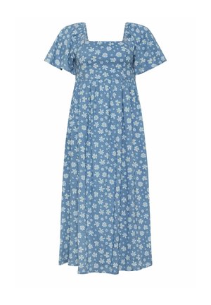 Vestido midi azul con estampado de margaritas blancas, mangas cortas y escote cuadrado, con cintura fruncida y falda fluida.