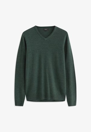 Pull vert en V fabriqué en tissu tricoté doux. Caractérisé par de longues manches et un ourlet droit, avec des poignets et un ourlet côtelés.